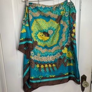 BCBG 100% Silk Blue Green Brown Side Tassels Island Skirt New with tag Sz M